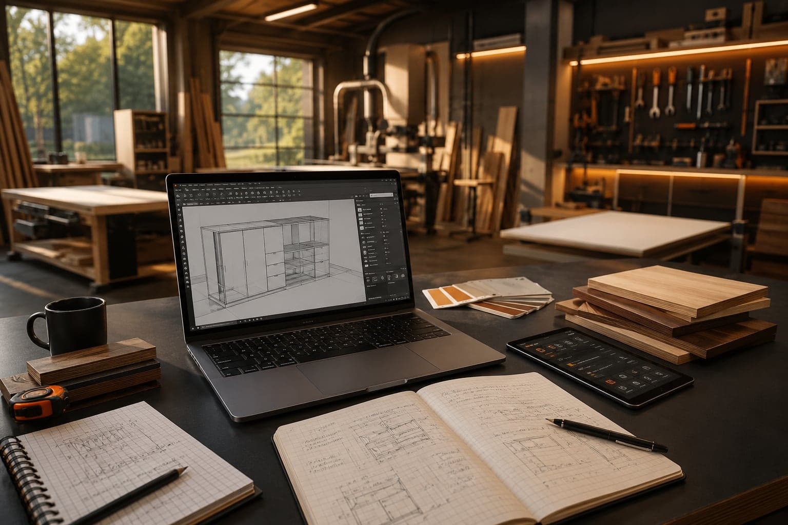 Laptop mit 3D-Möbelentwurf auf einem Werkstatttisch, umgeben von Holzmustern und Skizzenbüchern, im Hintergrund eine Schreinerwerkstatt mit Werkzeugwand